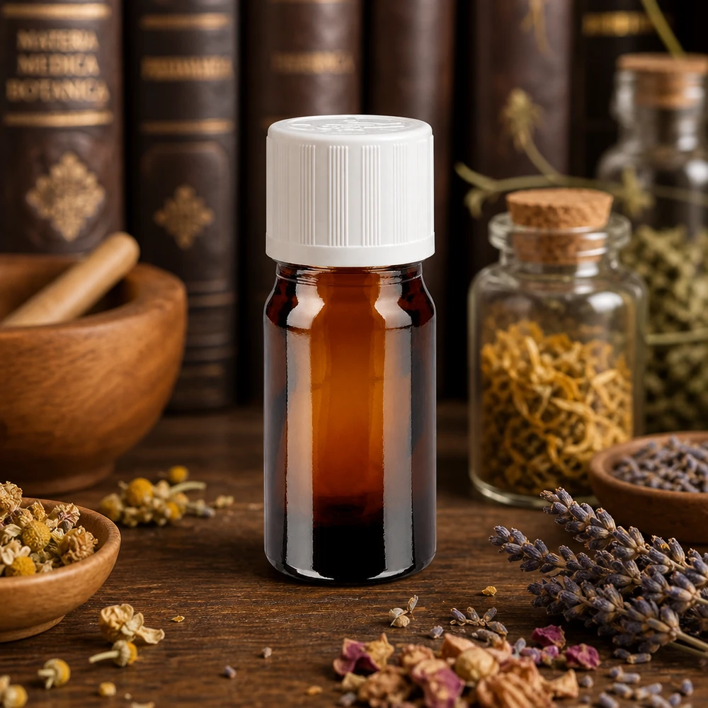 Dunkle 5ml Flasche Apothekerglas weißer KiSi Deckel auf rustikalem Holztisch mit Kräutern