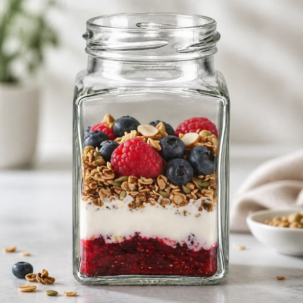 260ml Tetraglas ohne Deckel (TO58) UNiTWIST UNiTWIST Tetra260 4-Eckglas 260ml TO58 mit Müsli Beeren und Joghurt als Dessert im Glas auf Küchentheke