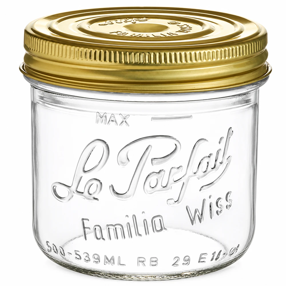 539ml Sturzglas "Familia Wiss" 2-teiliges Deckelsystem Le Pa 539ml Sturzglas Familia Wiss mit goldenem Schraubdeckel Le Parfait Einmachglas für Konservierung