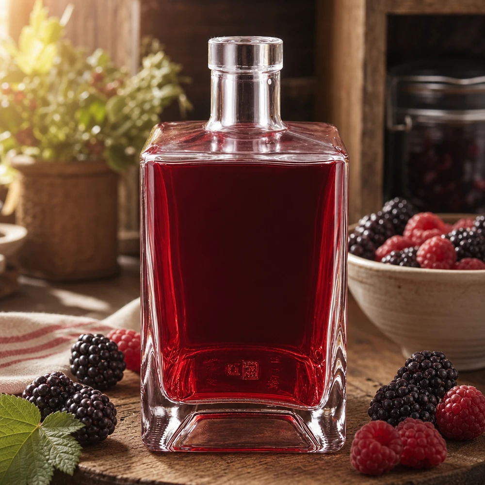 Glasflasche Ben 700ml mit roter Beerenlikör-Füllung umgeben von Brombeeren und Himbeeren auf rustikalem Holz