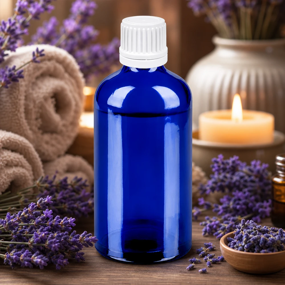 100ml BlueLine Glasflasche mit weißem Schraubdeckel perfekt für Lavendel und ätherische Öle