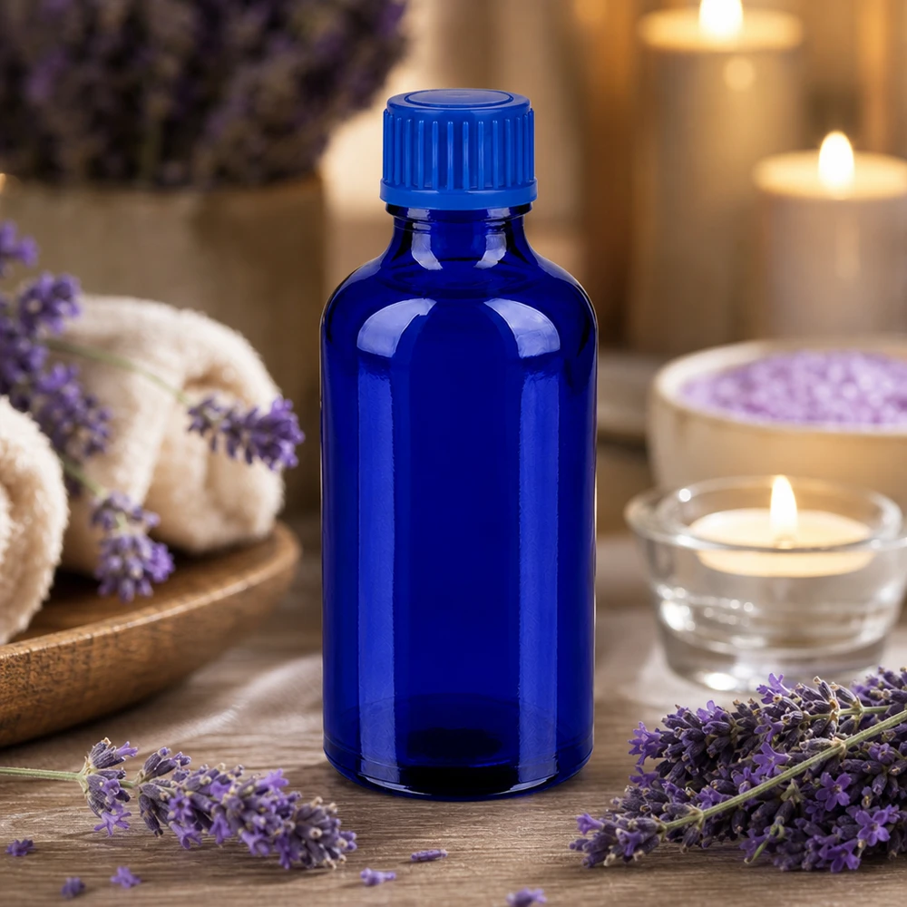 Professionelle 50ml blaue Glasflasche mit 11mm SV für sichere Aufbewahrung von Ölen