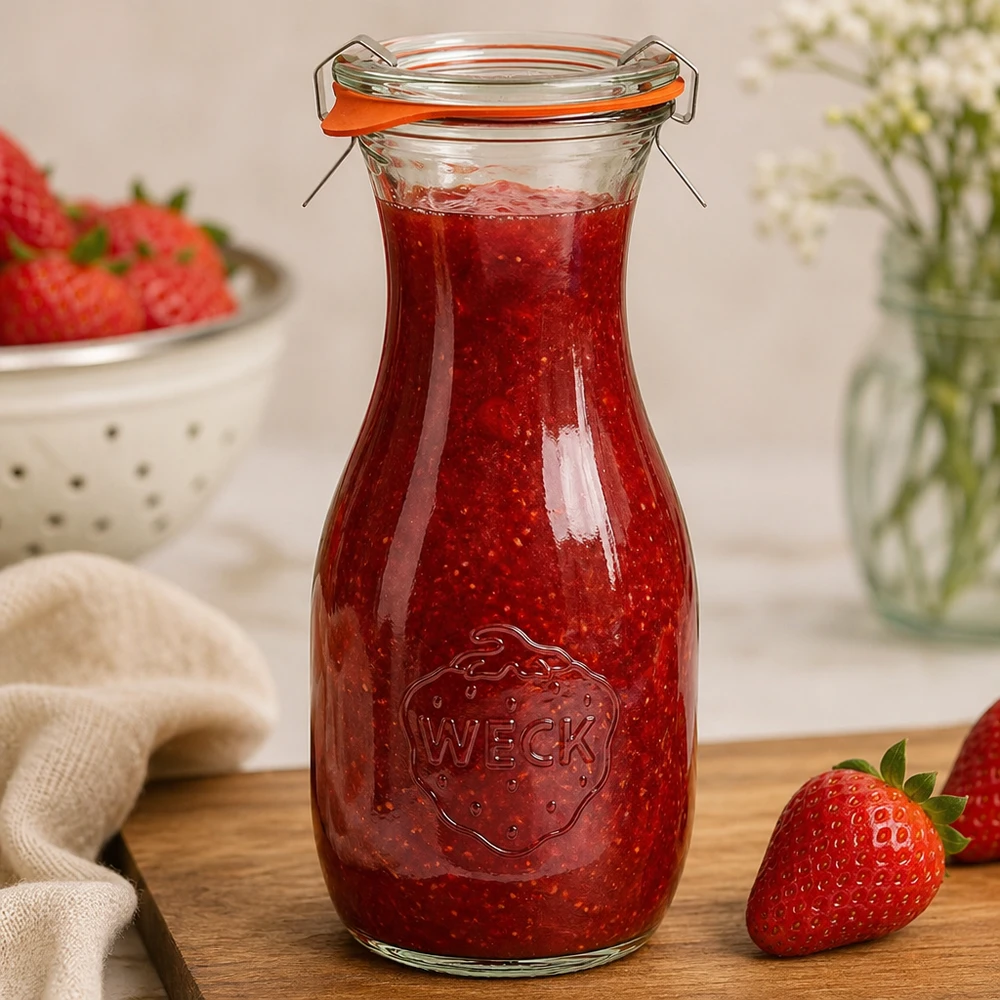 530ml Saftflasche komplett WECK RR60 WECK 530ml Saftflasche mit Erdbeermarmelade gefüllt zeigt praktische Anwendung des RR60 Einmachglases