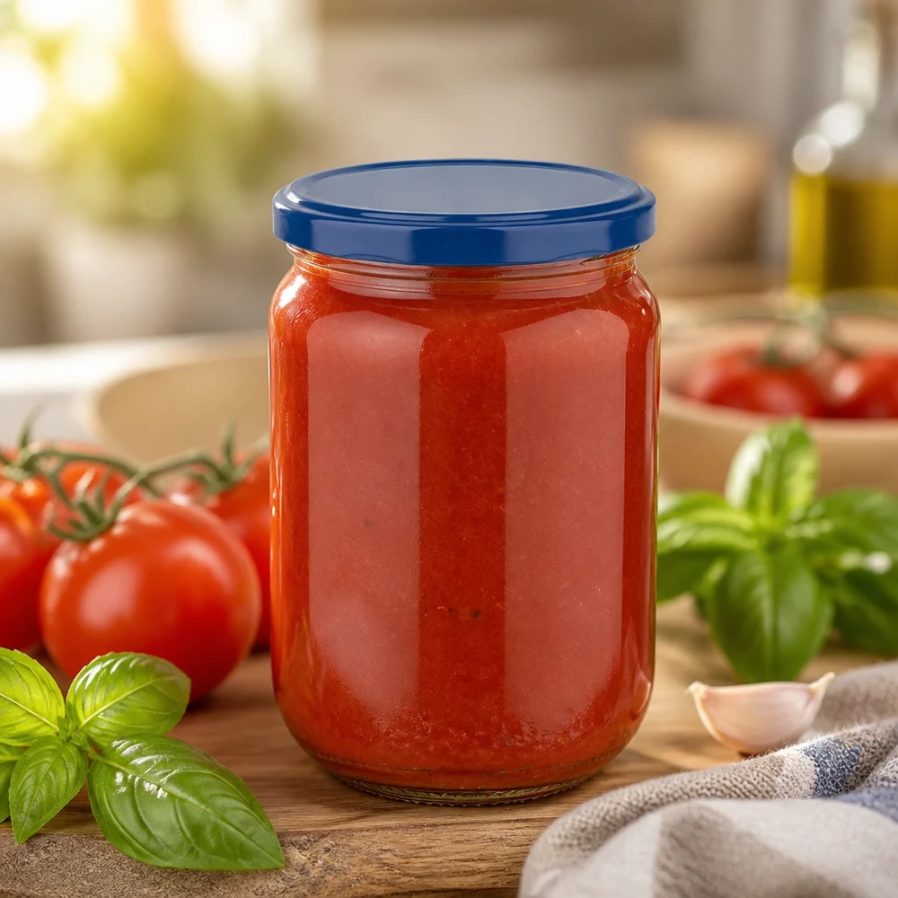 555ml Rundglas + BasicSeal Deckel blau UNiTWIST 555ml UNiTWIST Rundglas befüllt mit roter Pasta-Sauce neben frischen Tomaten und Kräutern