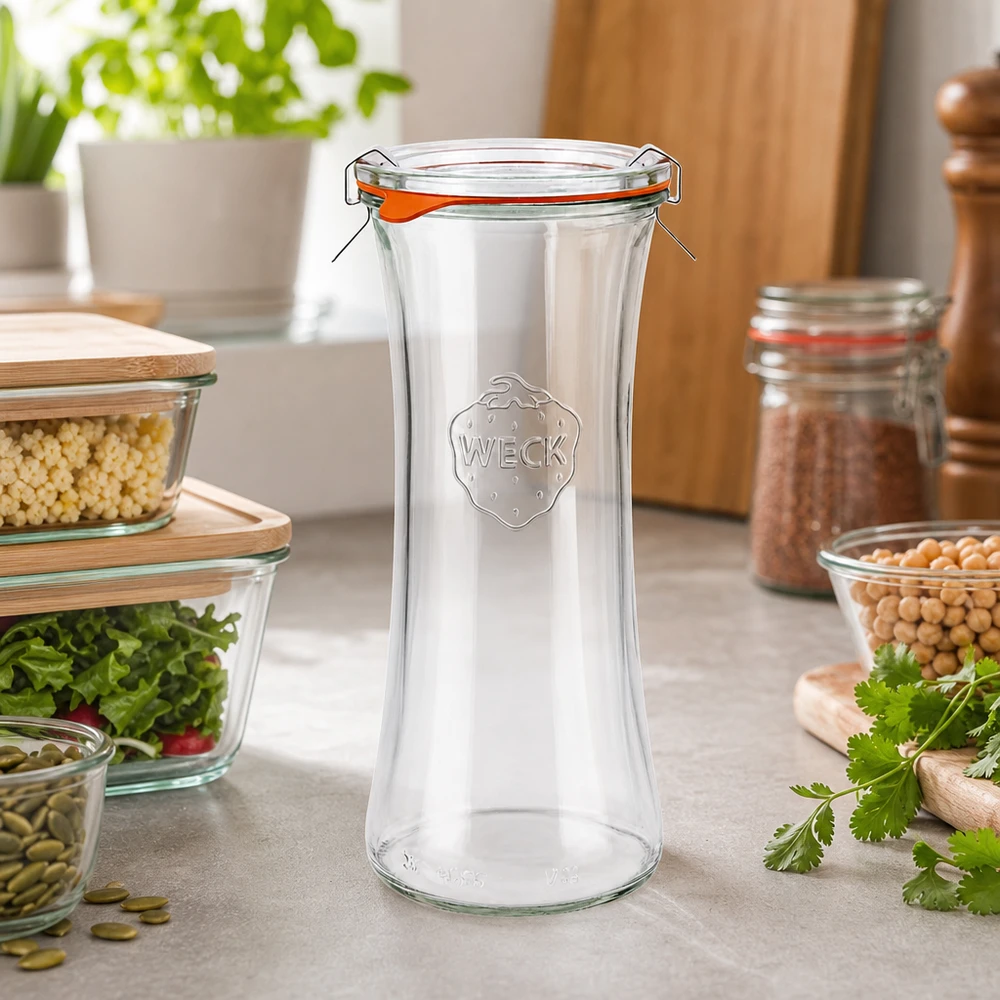 700ml Delikatessenglas komplett WECK RR80 WECK 700ml Delikatessenglas RR80 leer mit Deckel in moderner Küche zwischen Vorratsgläsern und frischen Kräutern