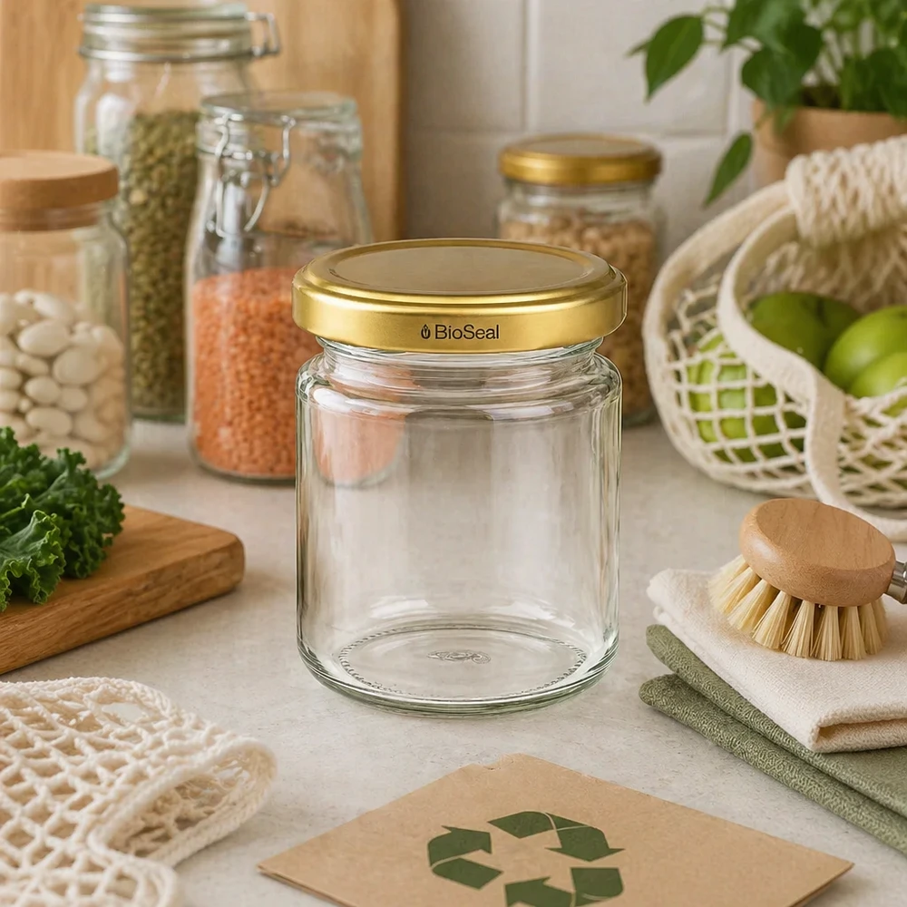 UNiTWIST Runda53 Einmachglas mit goldenem TO43 BioSeal Deckel in nachhaltiger Küche mit Recycling-Symbol