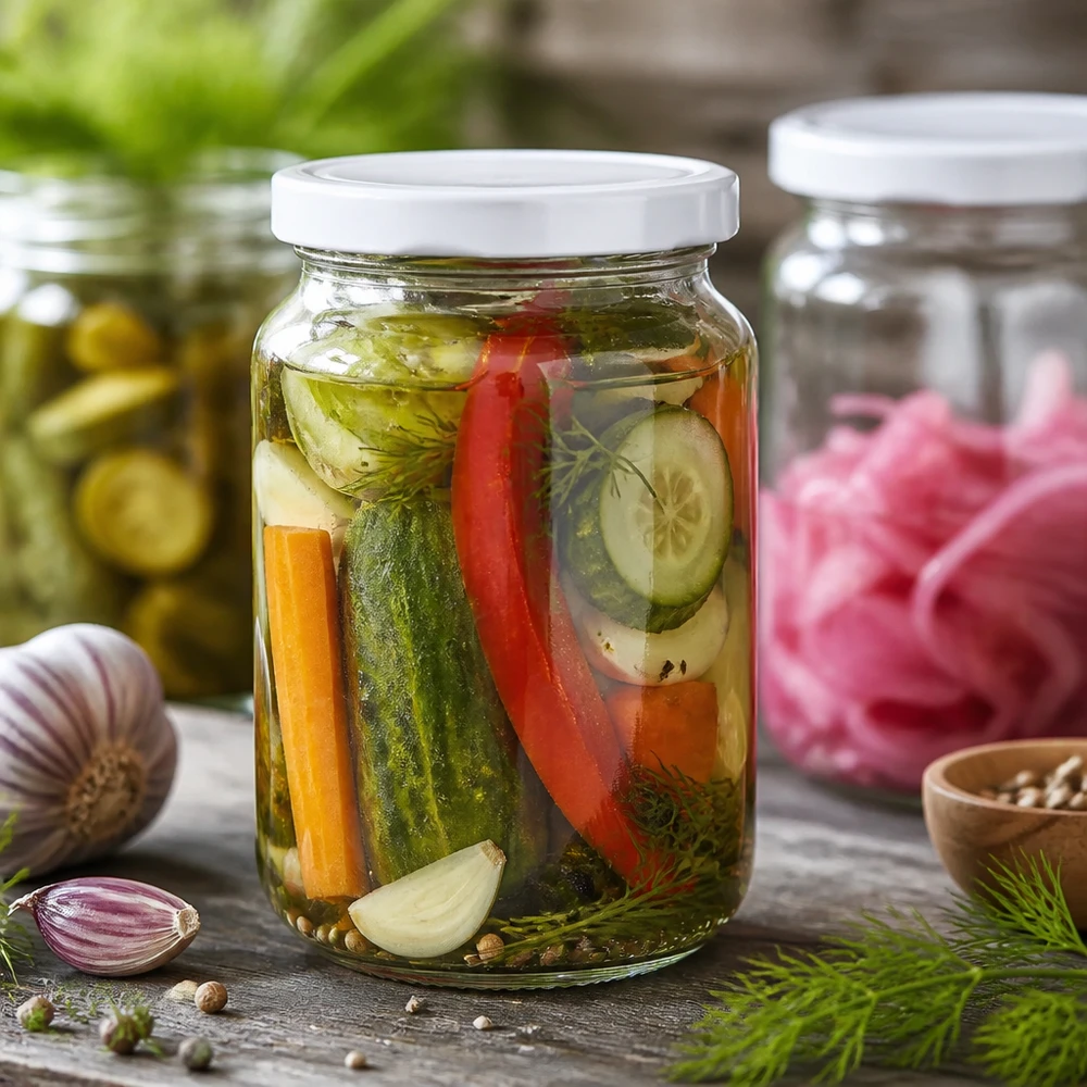 382ml UNiTWIST Rundglas mit weißem BasicSeal Deckel gefüllt mit eingelegtem Mischgemüse Karotten Paprika Zwiebeln