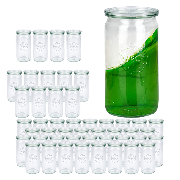 48er Set Weck Gläser 340ml Zylindergläser mit 48 Glasdeckeln 48er Set Weck Gläser 340ml Zylindergläser mit 48 Glasdeckeln