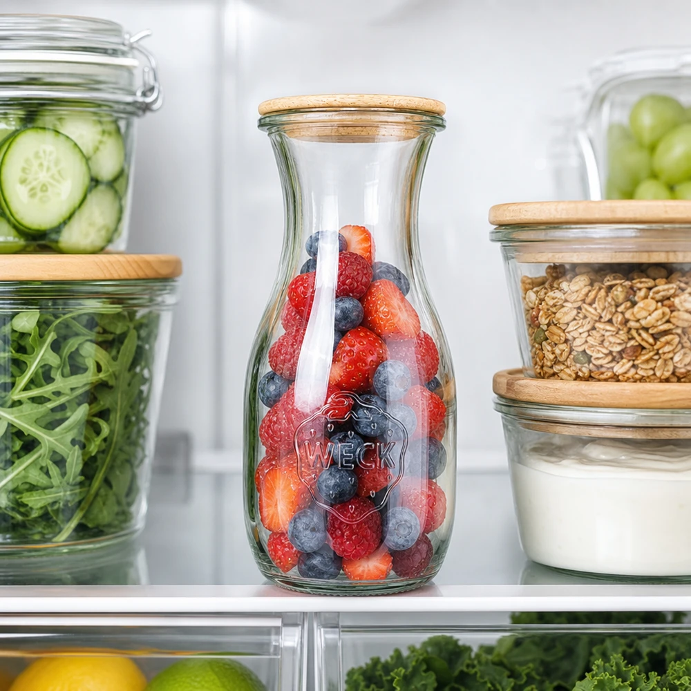 WECK Saftflasche 530ml RR60 mit Beeren im Kühlschrank neben Vorratsgläsern mit Gurken Salat und Nüssen