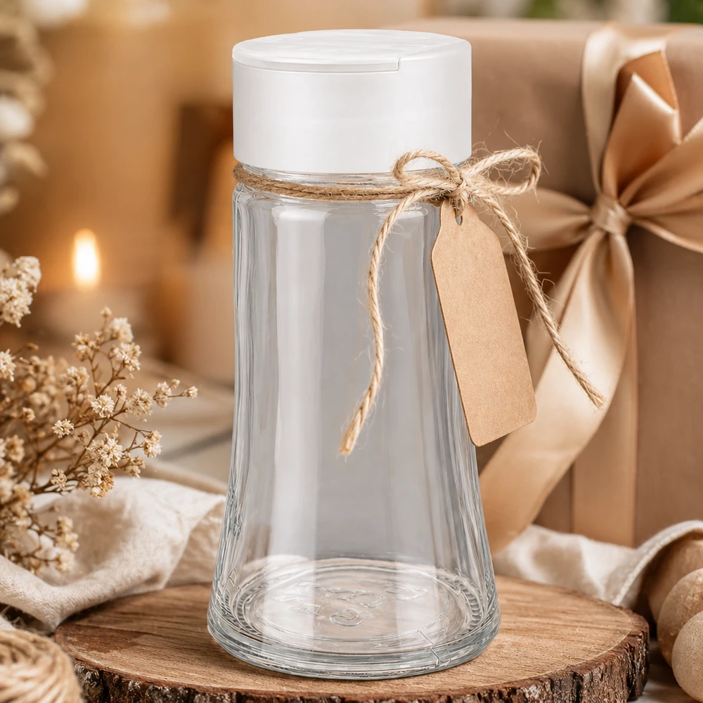 Salz-/Gewürzglas 95ml mit Doppelstreuer weiss Kompakter Glasstreuer 95ml weißer Deckel mit Doppelstreufunktion auf rustikalem Holzuntersetzer