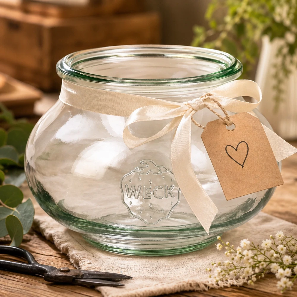 560ml Schmuckglas WECK RR80 WECK Schmuckglas 560ml RR80 dekorativ arrangiert mit cremefarbenem Band und Herzanhänger auf Holztisch