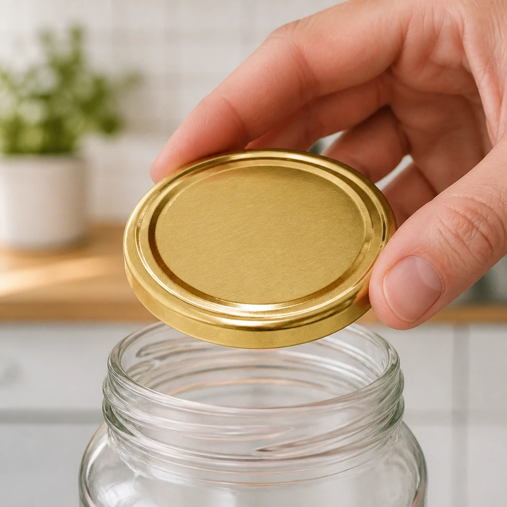 Leeres Einmachglas mit goldenem TO82 Schraubverschluss UNiTWIST BioSeal unitemp Küchenmotiv