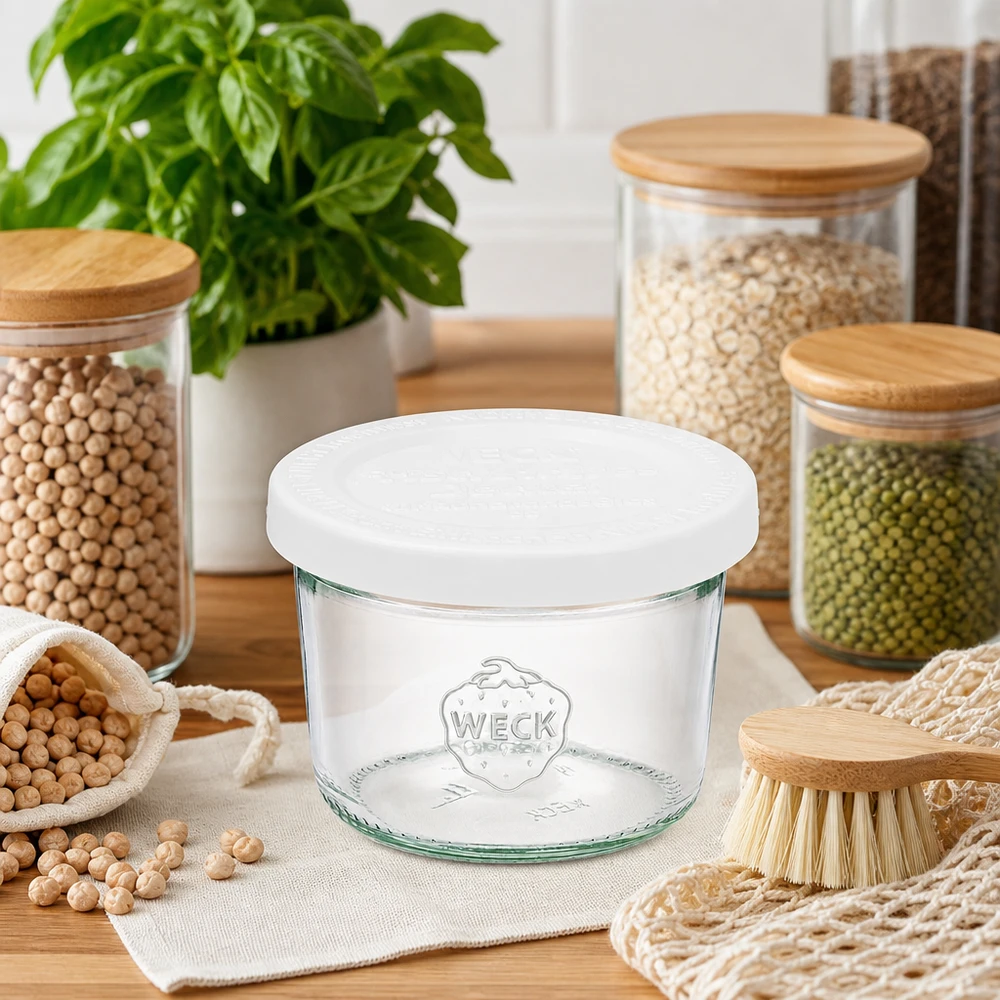 80ml Sturzglas mit Frischedeckel WECK RR60 WECK 80ml Sturzglas RR60 in nachhaltiger Küche mit Hülsenfrüchten Vorratsgläsern und Zero-Waste Utensilien auf Holz