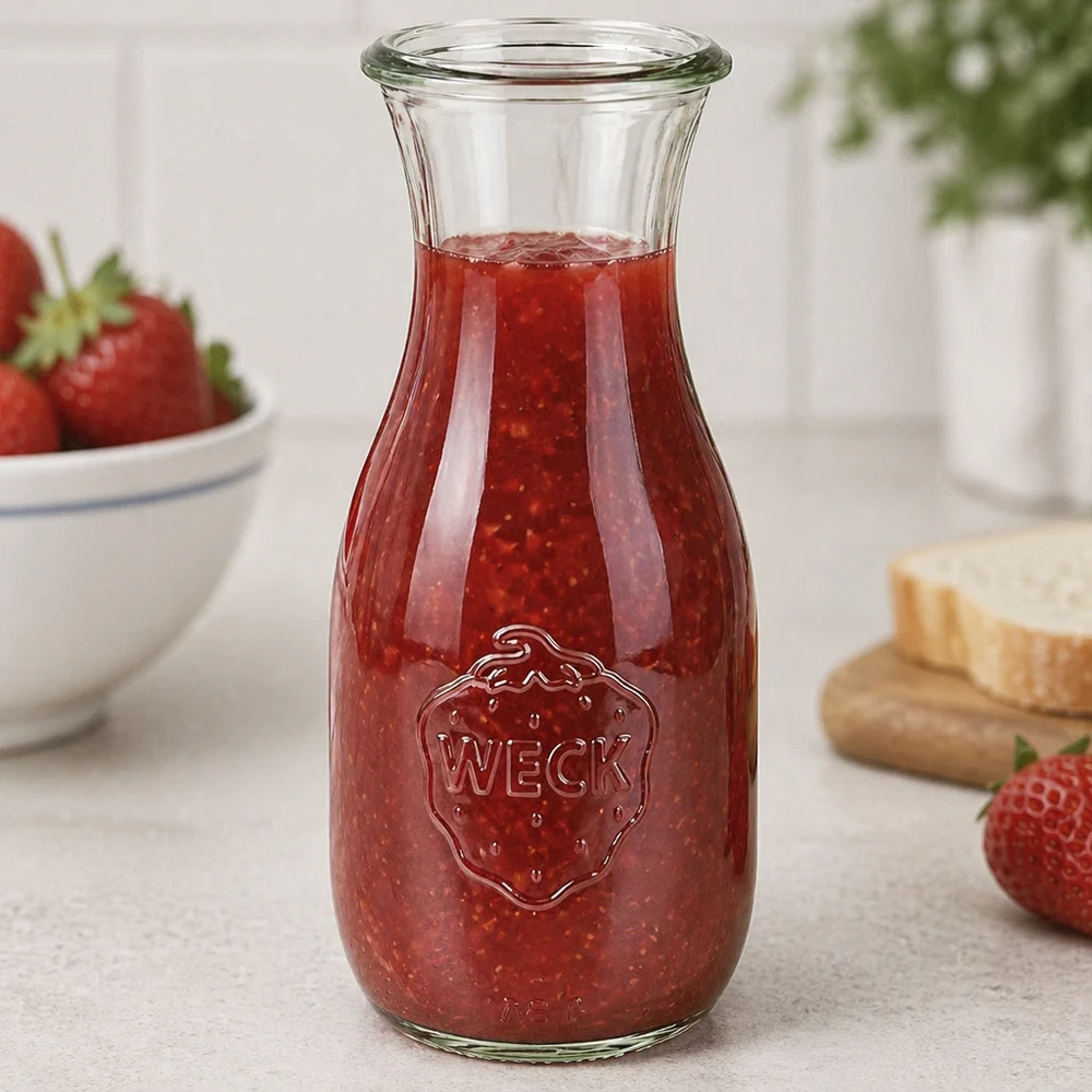 530ml Saftflasche WECK RR60 WECK Saftflasche 530ml RR60 mit rotem Erdbeermus gefüllt neben frischen Erdbeeren und Brot in heller Küche