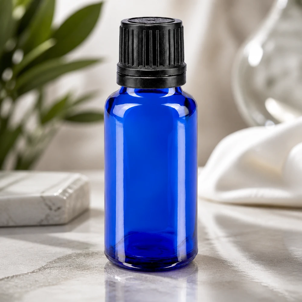 Apothekenflasche blau 20ml Tropfverschluss Giessring 1mm schwarz Originalitätsverschluss Kleine blaue 20ml Tropfflasche mit schwarzem Schraubdeckel für Öle und Tinkturen