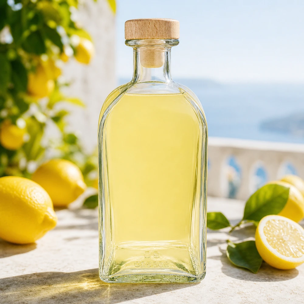 500ml Glasflasche "Julia" mit Holzgriff-Korken UNiTWIST 500ml Glasflasche Julia mit Holzkorken gefüllt mit Zitronenlikör in mediterraner Kulisse mit frischen Zitronen