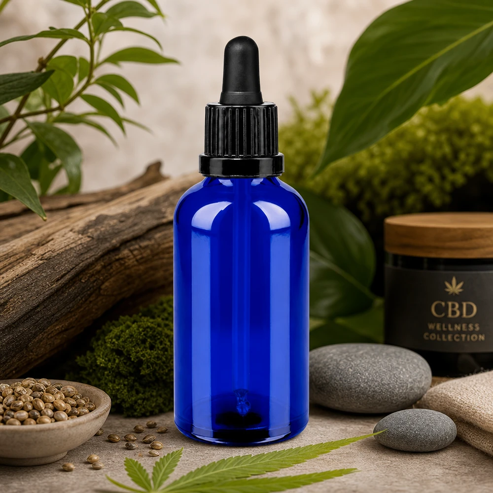 Stilvolle blaue Tropfflasche 50ml mit schwarzer Gummikappe für hygienische Aufbewahrung