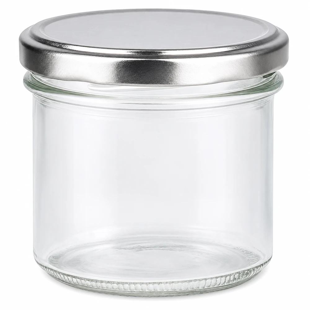 Kompaktes Sturzglas 125ml aus transparentem Glas mit silbernem Schraubverschluss UNiTWIST
