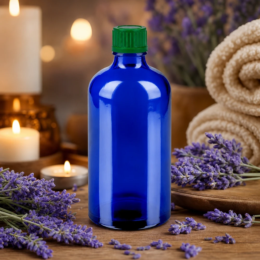 100ml Flasche 11mm Schraubverschluss grün Standard BlueLine UT18/100 Vielseitige 100ml Glasflasche in Blau geeignet für Parfüm Öle und pharmazeutische Anwendungen