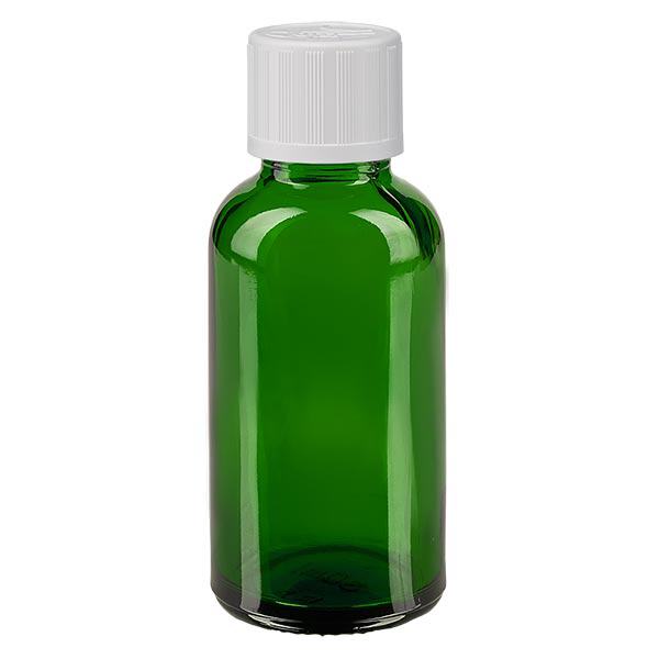 Apothekenflasche grün 30ml Tropfverschluss weiß Kindersicherung Standard Apothekenflasche grün 30ml Tropfverschluss weiß Kindersicherung Standard