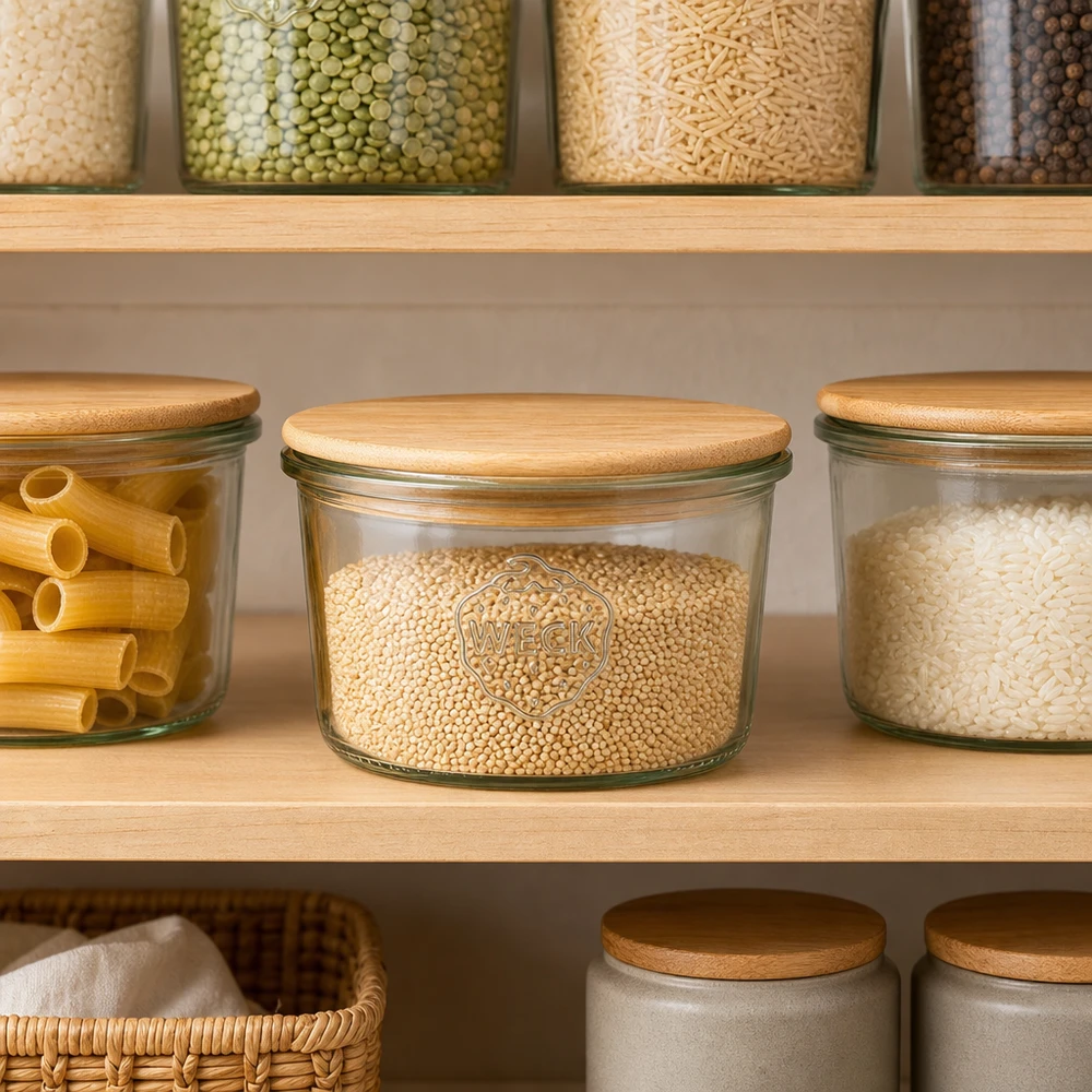 80ml Sturzglas WECK RR60 mit Holzdeckel WECK Sturzglas 80ml RR60 Holzdeckel Vorratsorganisation Pantry Küchenschrank kleine Mengen Gewürze Körner