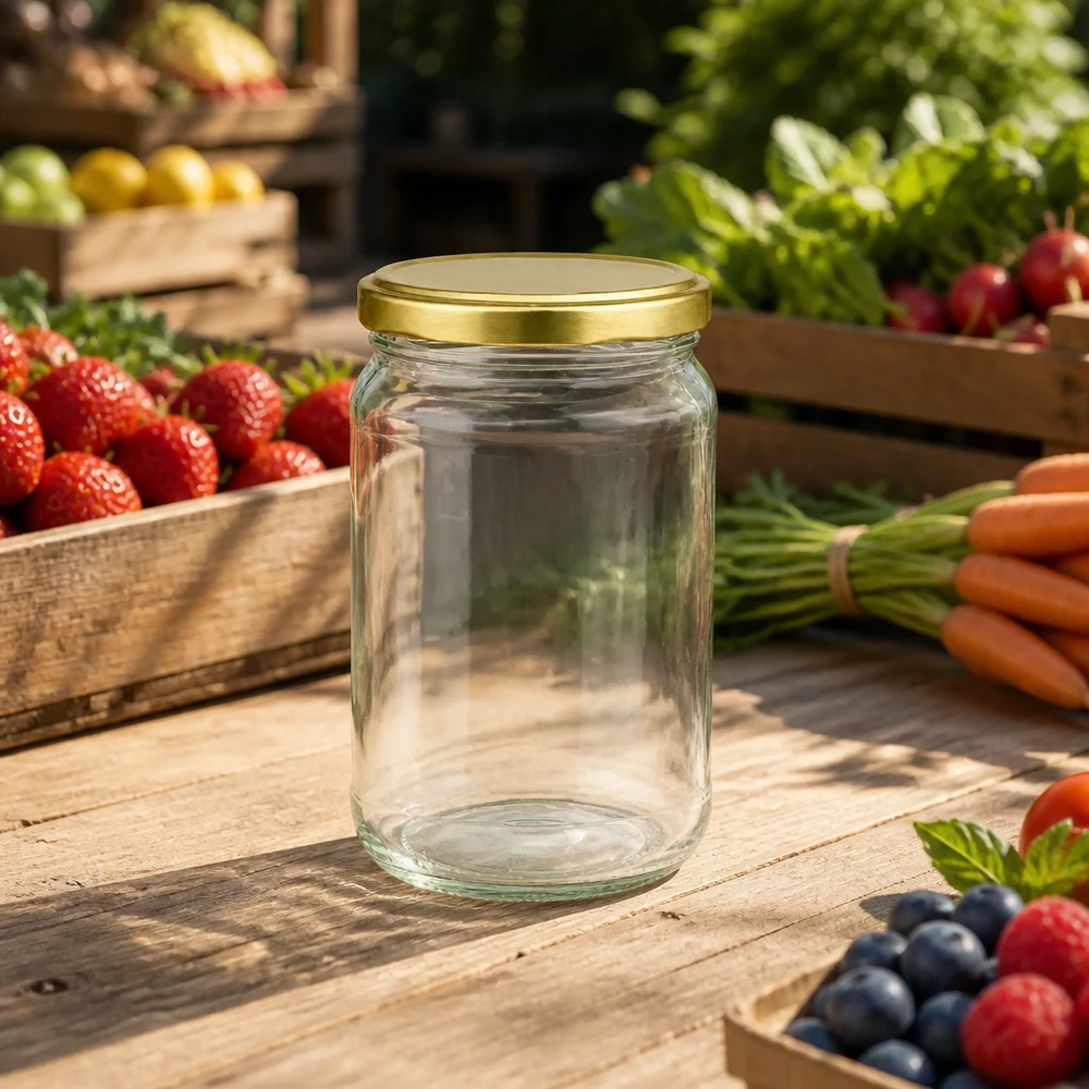 305ml Rundglas BasicSeal UNiTWIST gold zwischen frischem Obst und Gemüse auf Holztisch in natürlicher Umgebung
