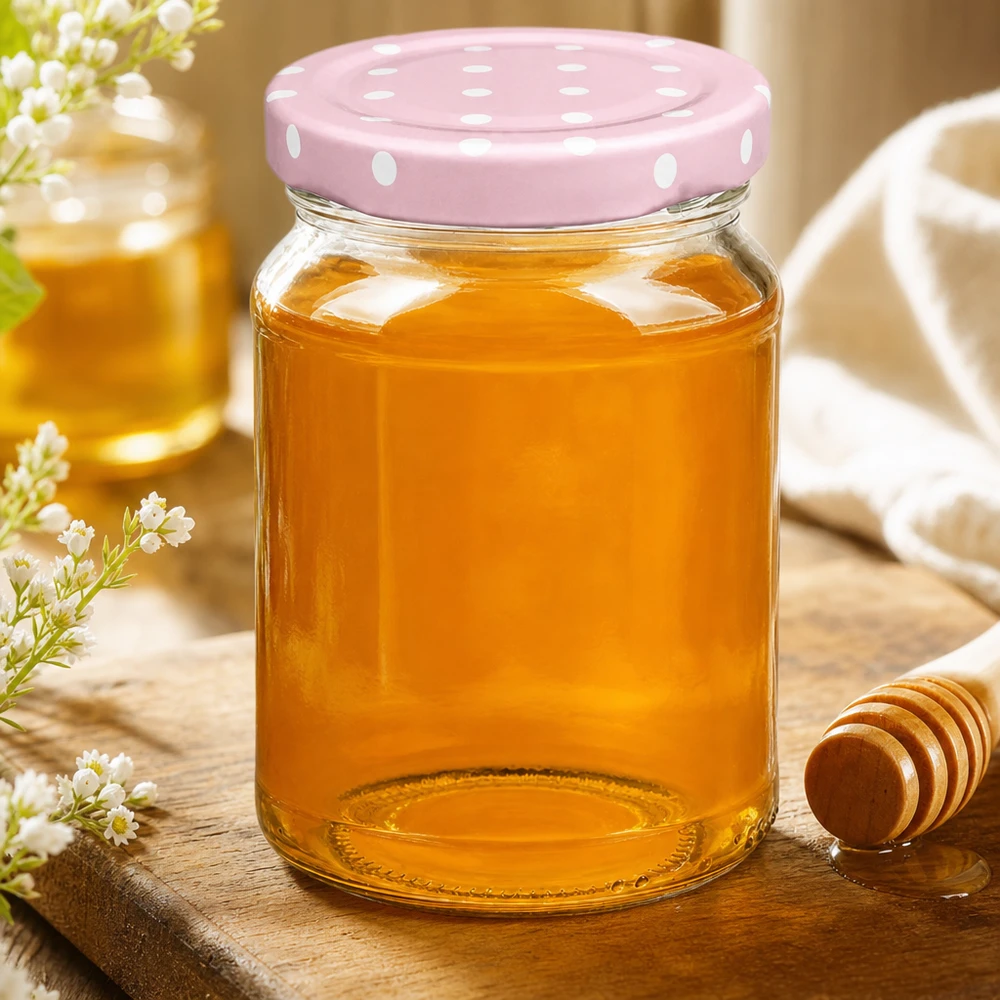 Dekoratives 205ml Rundglas mit rosa BasicSeal Punktedeckel neben Honiglöffel auf Holztisch mit Blumen