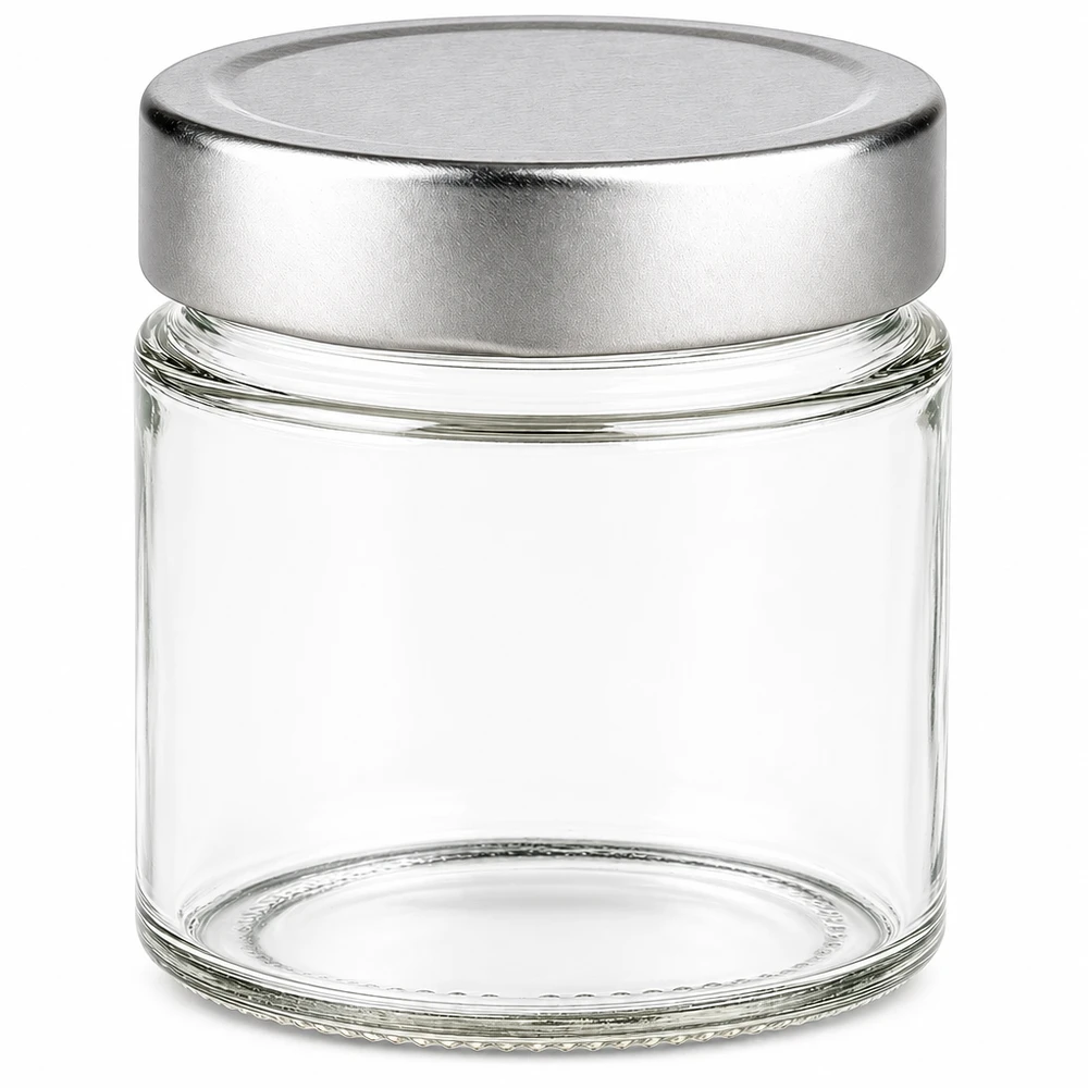 Klares zylindrisches 135ml Rundglas mit silbernem Metalldeckel aus dem 24er Set von UNiTWIST