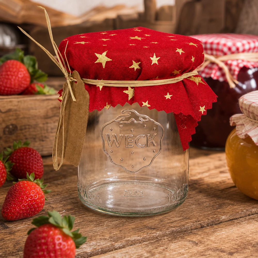 Stoff Schmuckdeckchen rot "Sterne" 12cm eckig Dekoratives Schmuckdeckchen rot Sterne auf Einmachglas mit Erdbeeren rustikale Küchendeko Landhausstil 12cm
