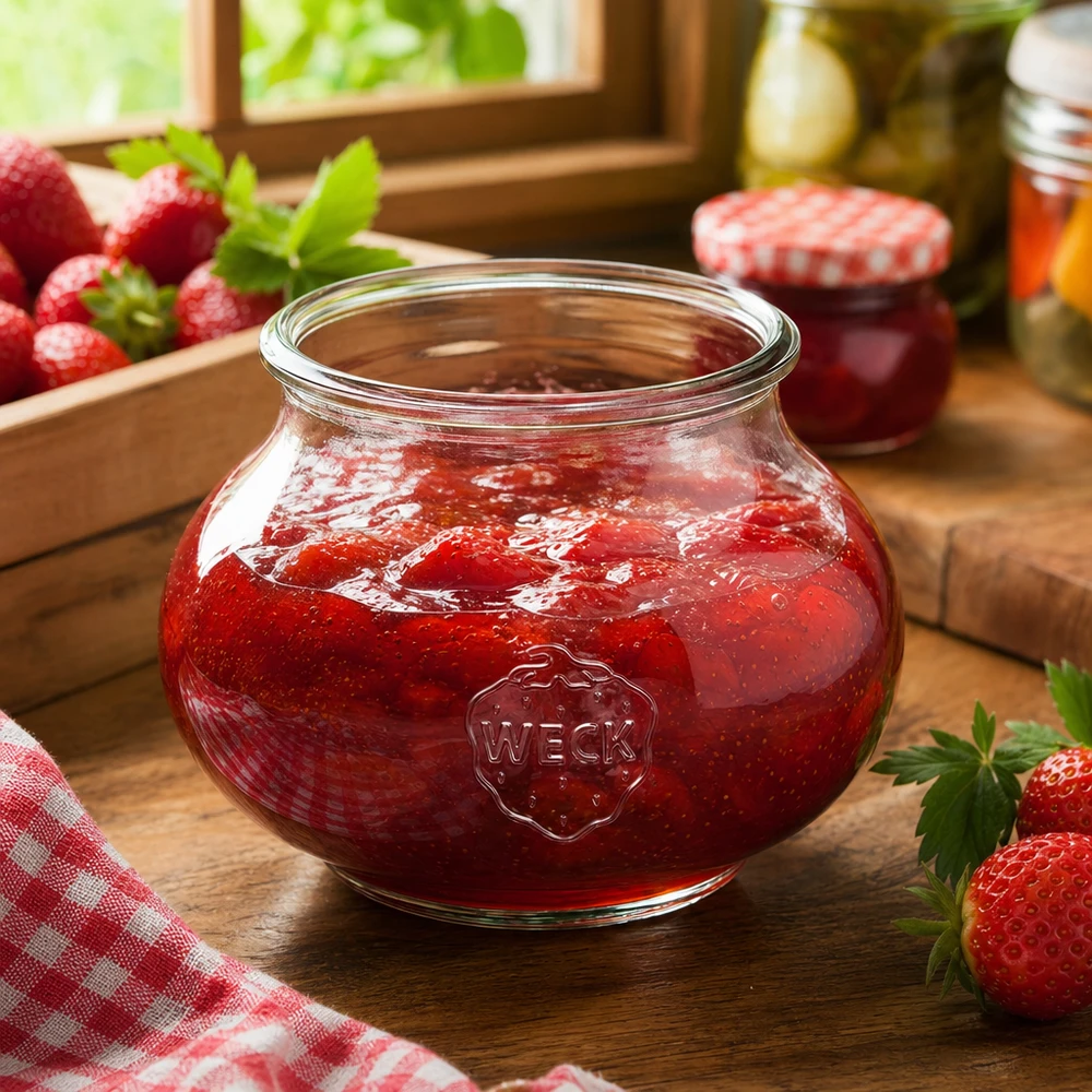 560ml Schmuckglas WECK RR80 WECK Schmuckglas 560ml RR80 gefüllt mit Erdbeermarmelade in rustikaler Küche mit frischen Erdbeeren und Einmachgläsern