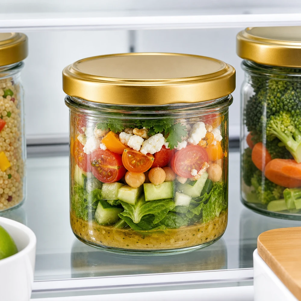 225ml Sturzglas mit BasicSeal Deckel gold UNiTWIST 225ml Sturzglas UNiTWIST BasicSeal gold mit Schichtsalat im Kühlschrank - praktisches Meal Prep Glas für Vorrat