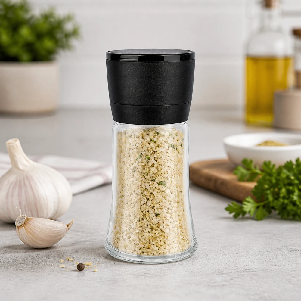 Salz-/Gewürzglas 95ml mit Mühle Vario schwarz Kompakte Salzmühle 95ml schwarze Vario-Kappe mit Kräutersalzfüllung und Knoblauch im Hintergrund