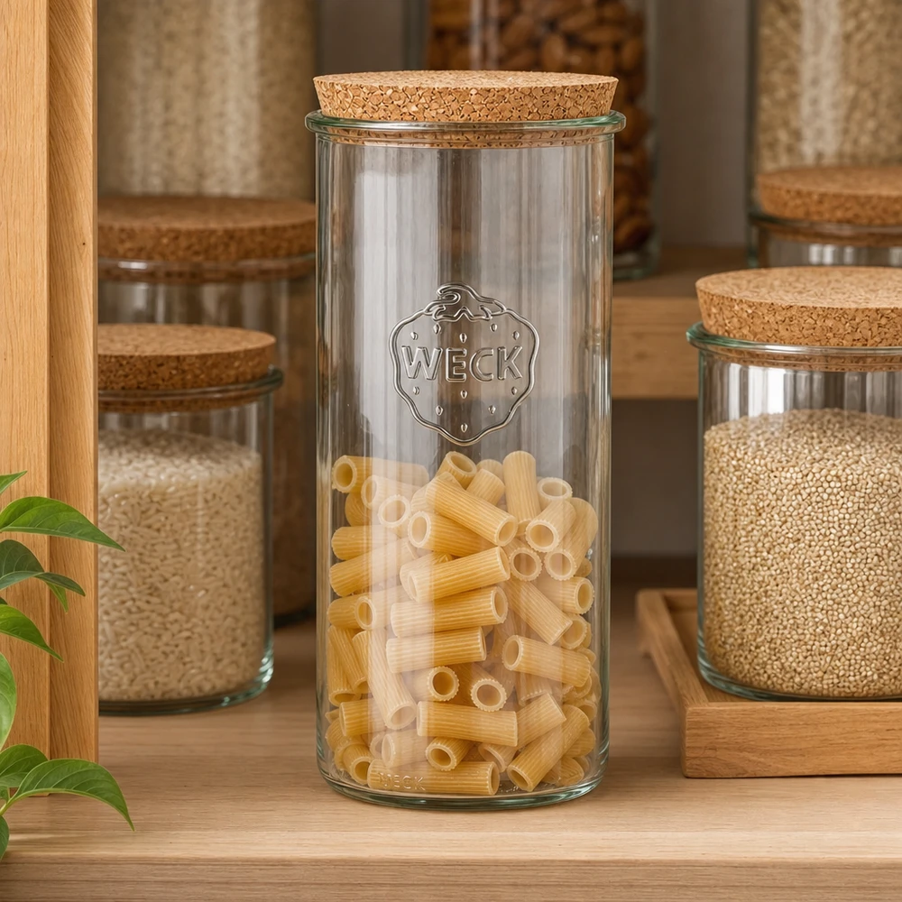 1500ml Sturzglas WECK RR100 mit Korken natur WECK Sturzglas 1500ml RR100 mit Pasta gefüllt Küchenregal Korken Deckel Pantry Organisation Vorratshaltung