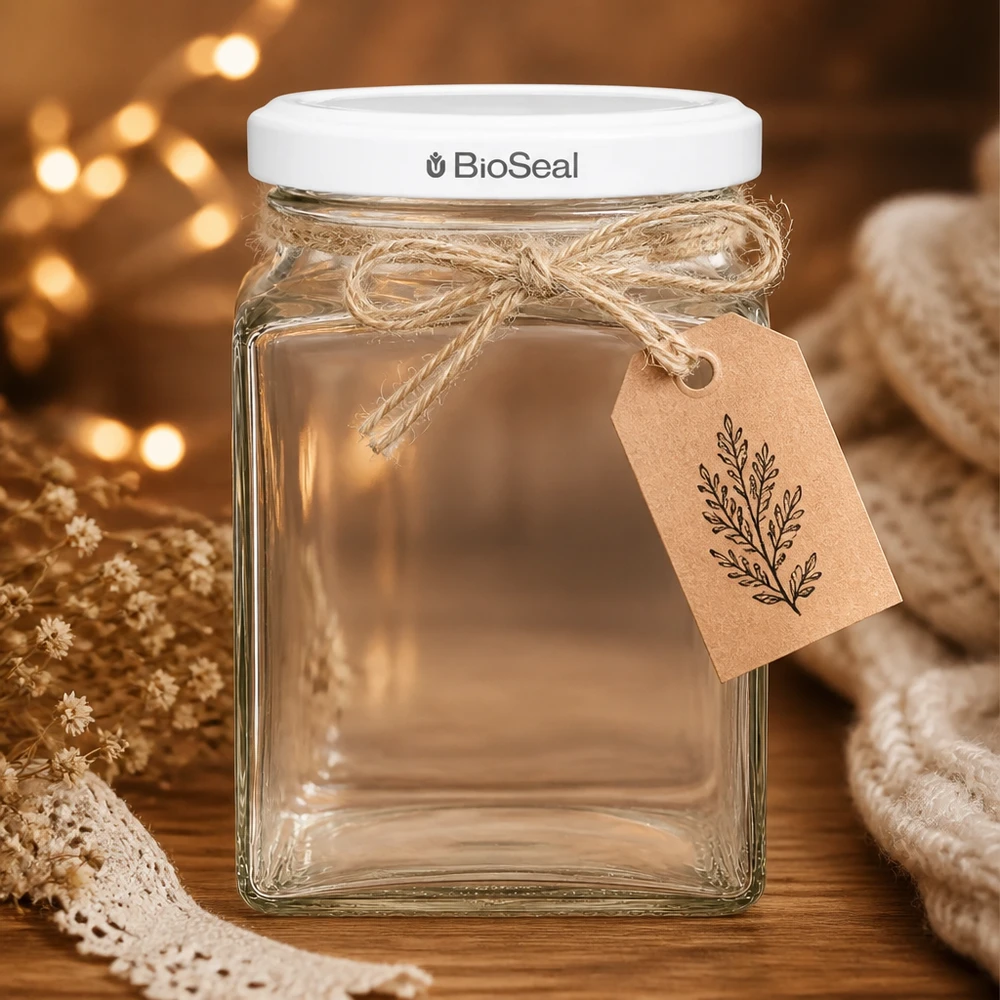 260ml Tetraglas + BioSeal Deckel weiß UNiTWIST UNiTWIST Tetra260 Vorratsglas mit weißem TO58 BioSeal Deckel und Geschenkanhänger rustikale Deko warmes Licht