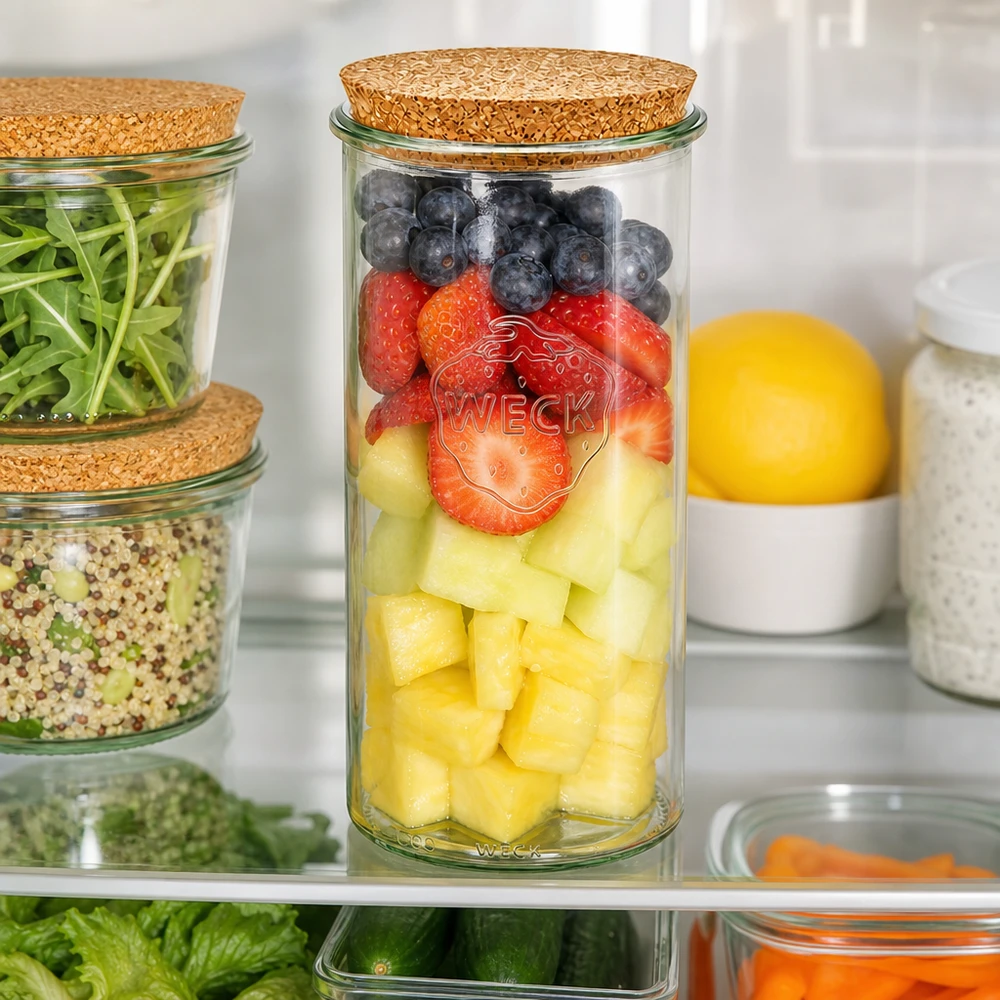 1500ml Sturzglas WECK RR100 mit Korken natur WECK Sturzglas 1500ml RR100 Kühlschrank Organisation Obstsalat Beeren Ananas Korken Deckel Meal Prep Frischhaltung