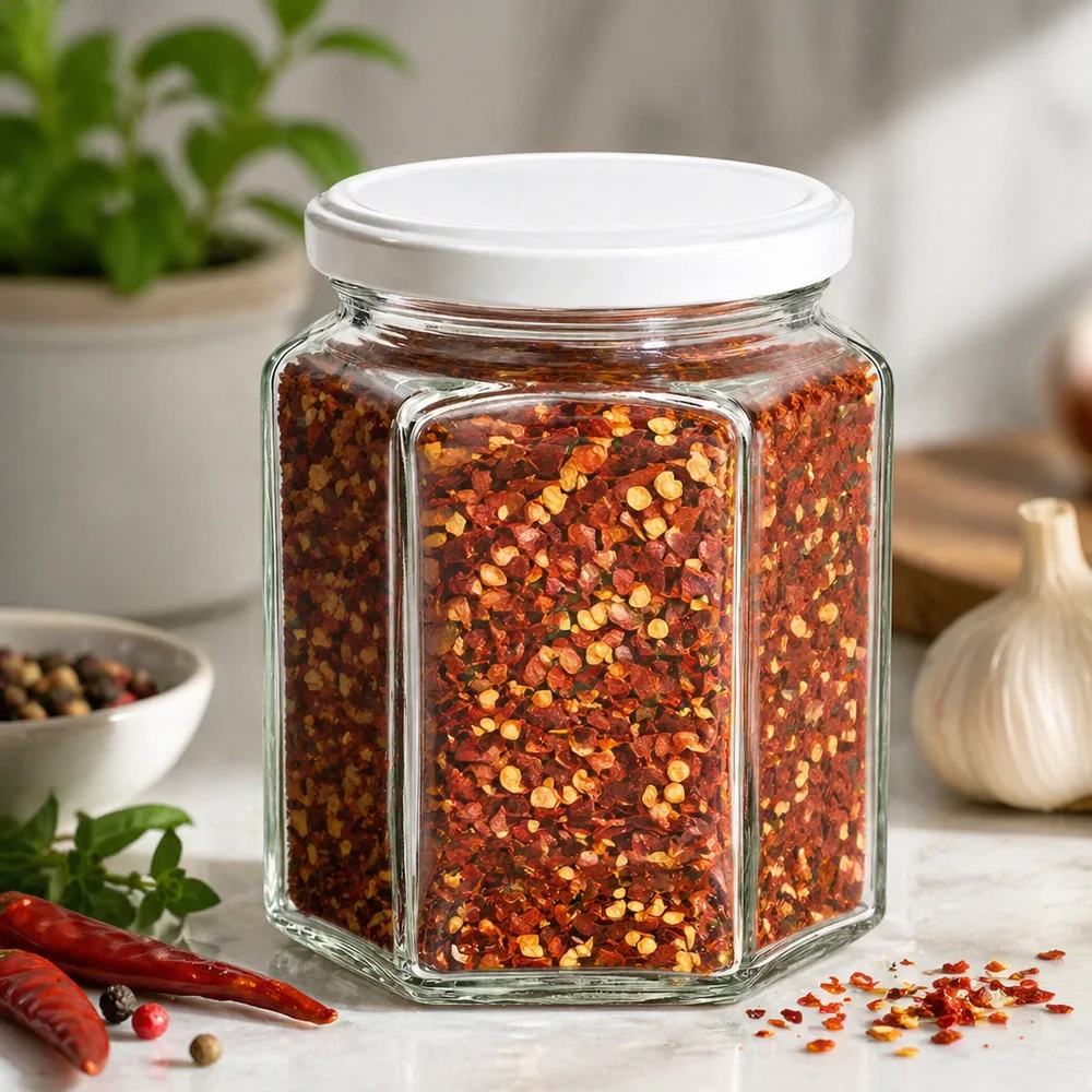 400g Honigglas mit weißem Deckel BasicSeal UNiTWIST 400g Honigglas sechseckig gefüllt mit Chili-Gewürzmischung zeigt vielseitige Verwendung für Küchengewürze