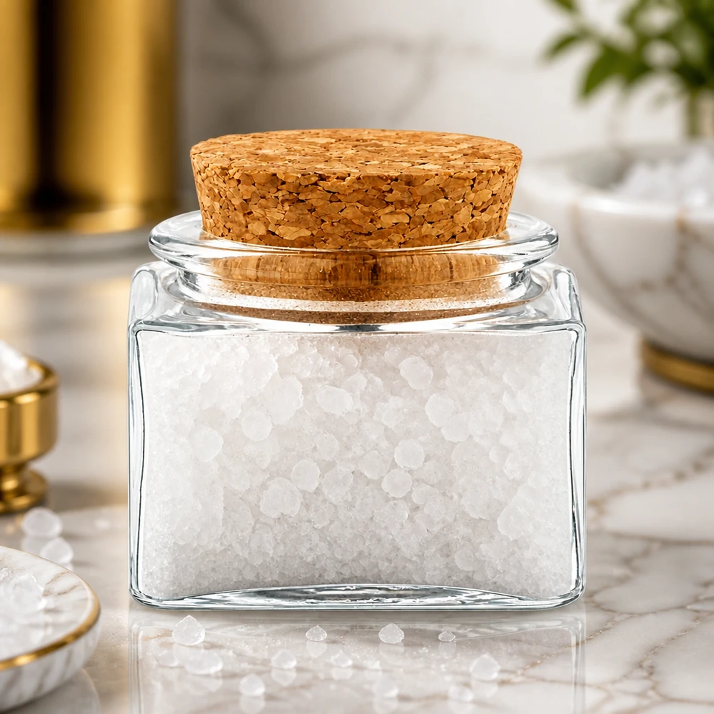 Kompaktes Glasgefäß 40ml mit Naturkorken und Meersalz auf Marmoroberfläche