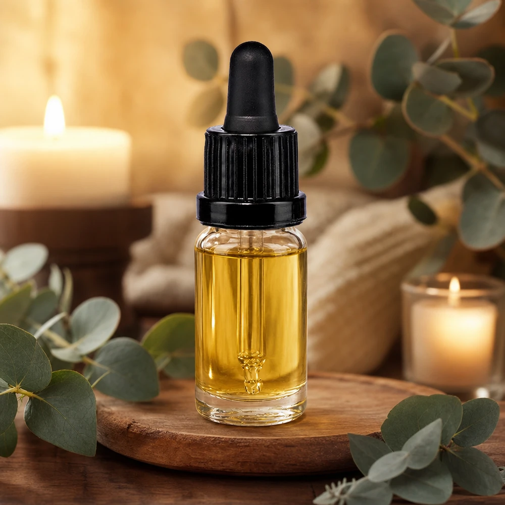 10ml Flakon mit Glaspipette schwarz befüllt mit gelbem Öl auf rustikalem Holzuntergrund