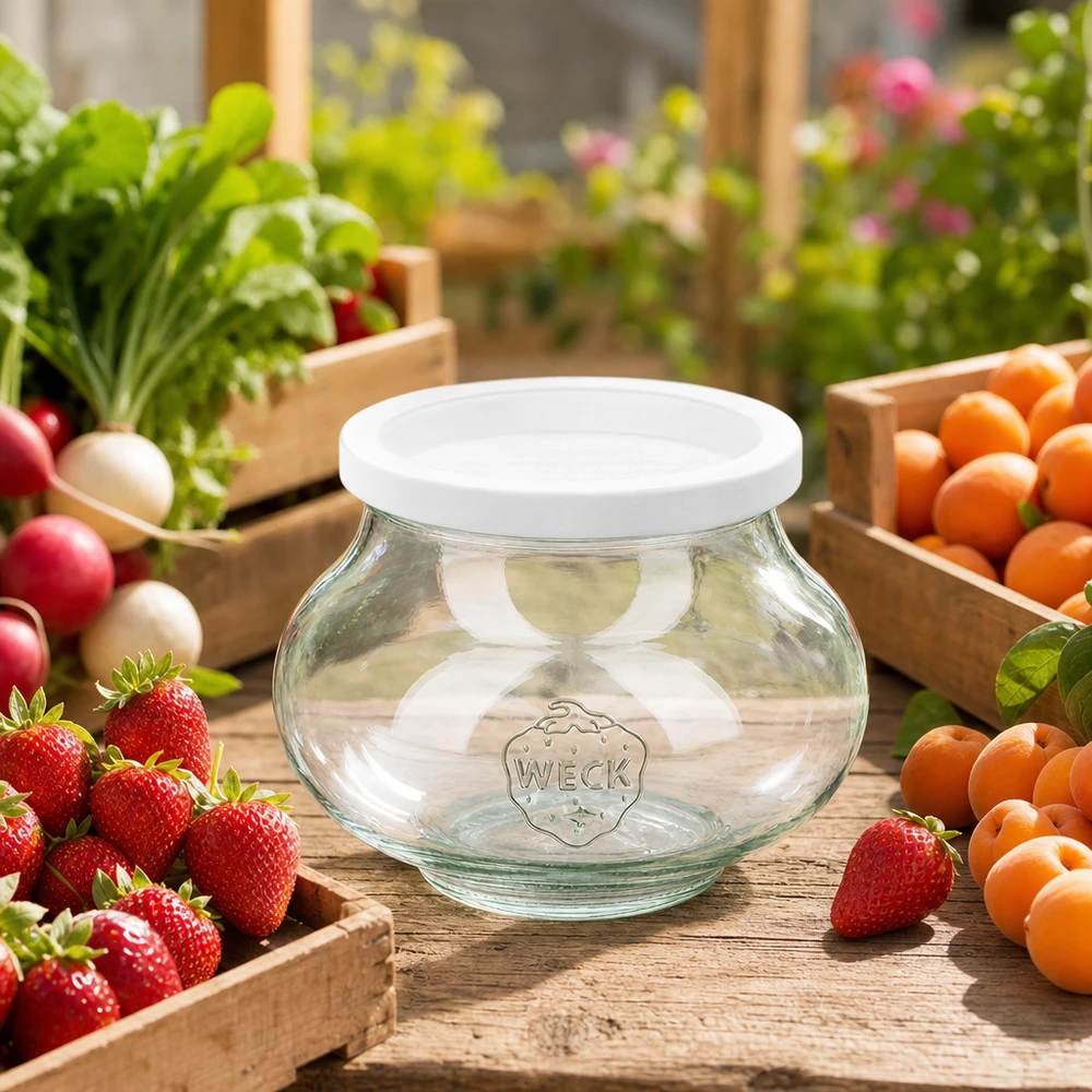 560ml Schmuckglas mit Frischedeckel WECK RR80 WECK Vorratsglas 560ml RR80 leer zwischen frischen Früchten und Gemüse auf Holztisch im Garten als Aufbewahrungsglas