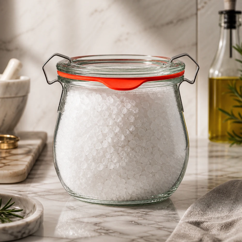 Kleines Bügelglas 220ml bauchige Form mit Salzfüllung Küchenorganisation Gewürzaufbewahrung