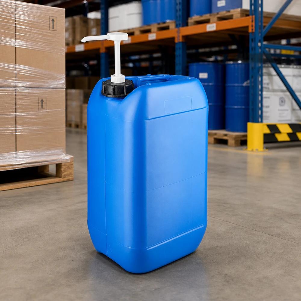 Kanister 15 Liter blau mit Dosierpumpe Rechteckiger 15 Liter Kanister mit Schraubverschluss und Dosierpumpe für Chemikalien