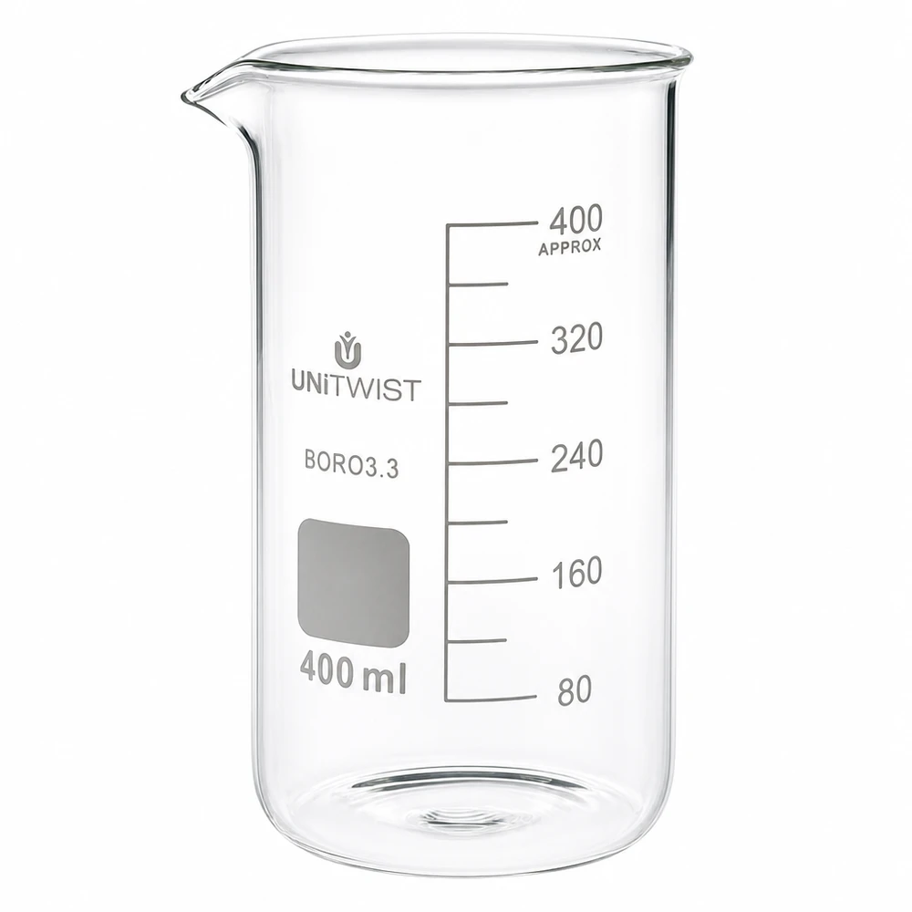 Becherglas 400ml Borosilikat, hohe Form UNiTWIST Messbecher Labor 400ml hohe Form Borosilikatglas transparent mit präziser ml Skala