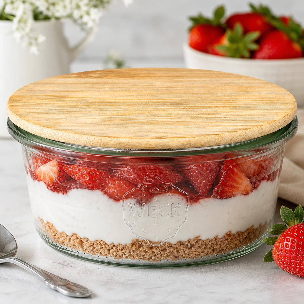 WECK Sturzglas RR80 165ml mit Bambusdeckel als Dessertglas für Erdbeer-Schichtdessert in Küchenambiente