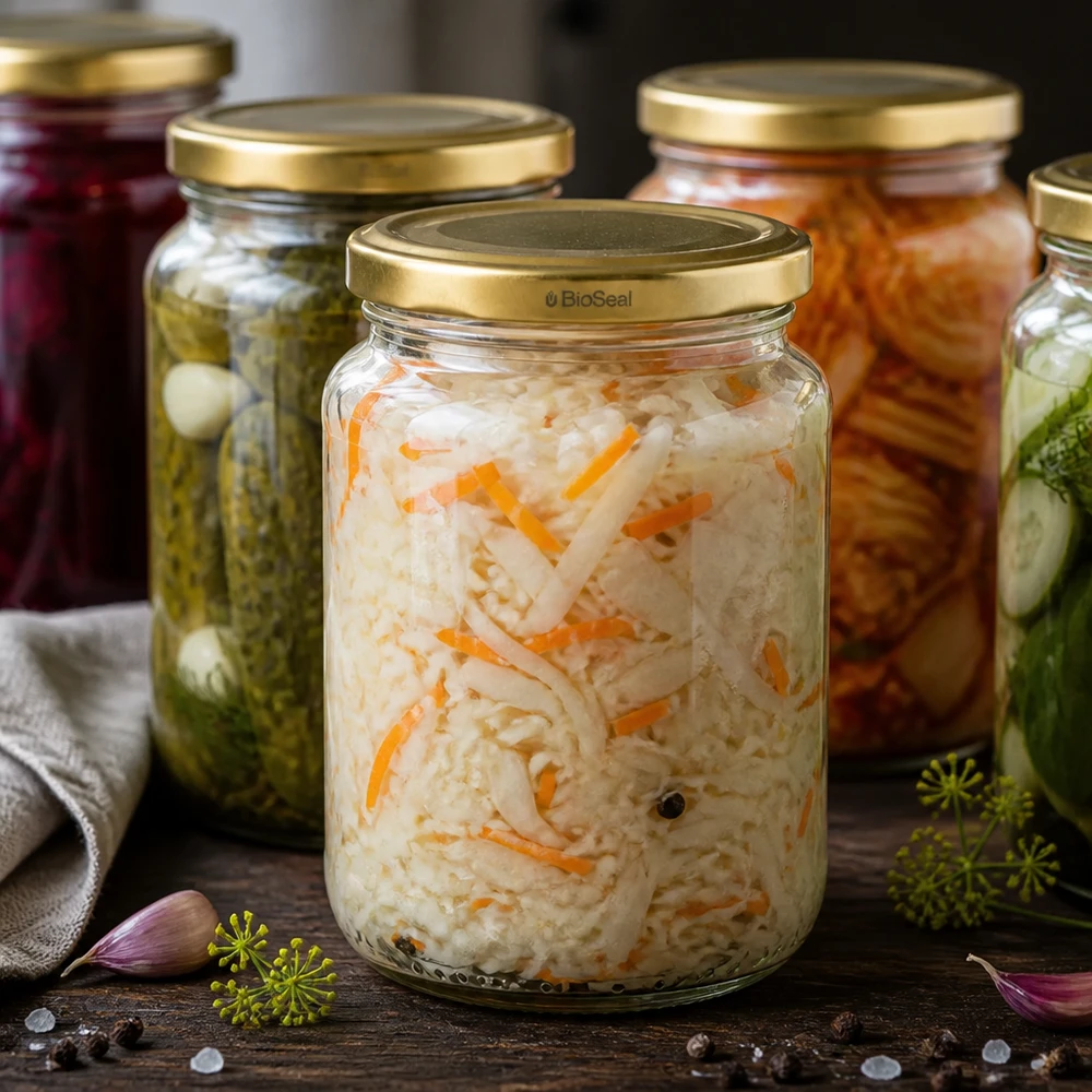 UNiTWIST Runda382 Glas gefüllt mit eingelegtem Gemüse, goldener TO66 BioSeal Deckel, Fermentation und Einkochen