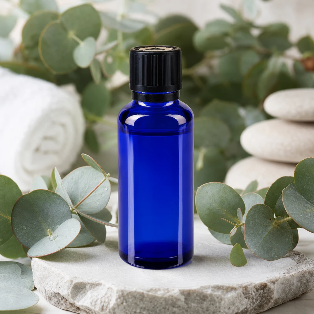Kleine blaue Medizinflasche 30ml mit schwarzem Tropfverschluss im natürlichen Spa-Setting