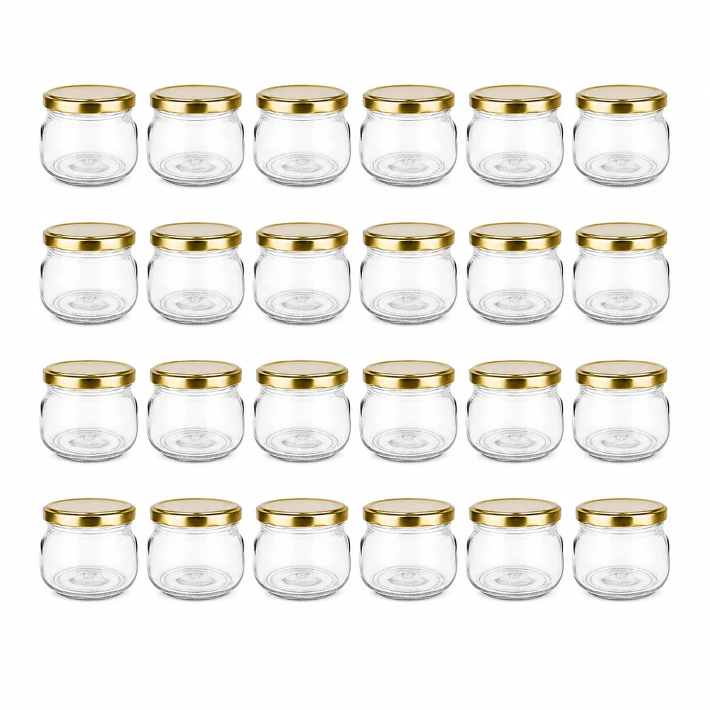 120 ml Terrinenglas 24er-Set mit Deckel (Deckelfarbe: gold) – UNiTWIST UNiTWIST 24 Mini-Gläser 120ml mit goldfarbenem Deckel für Marmelade und Honig