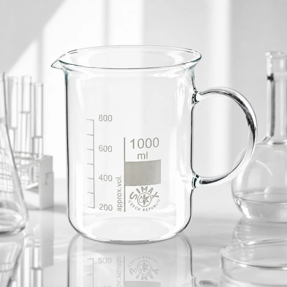 Becherglas 1000ml Borosilikatglas, mit Henkel Becherglas 1000ml Borosilikatglas mit Henkel Ausguss und weißer Messskala