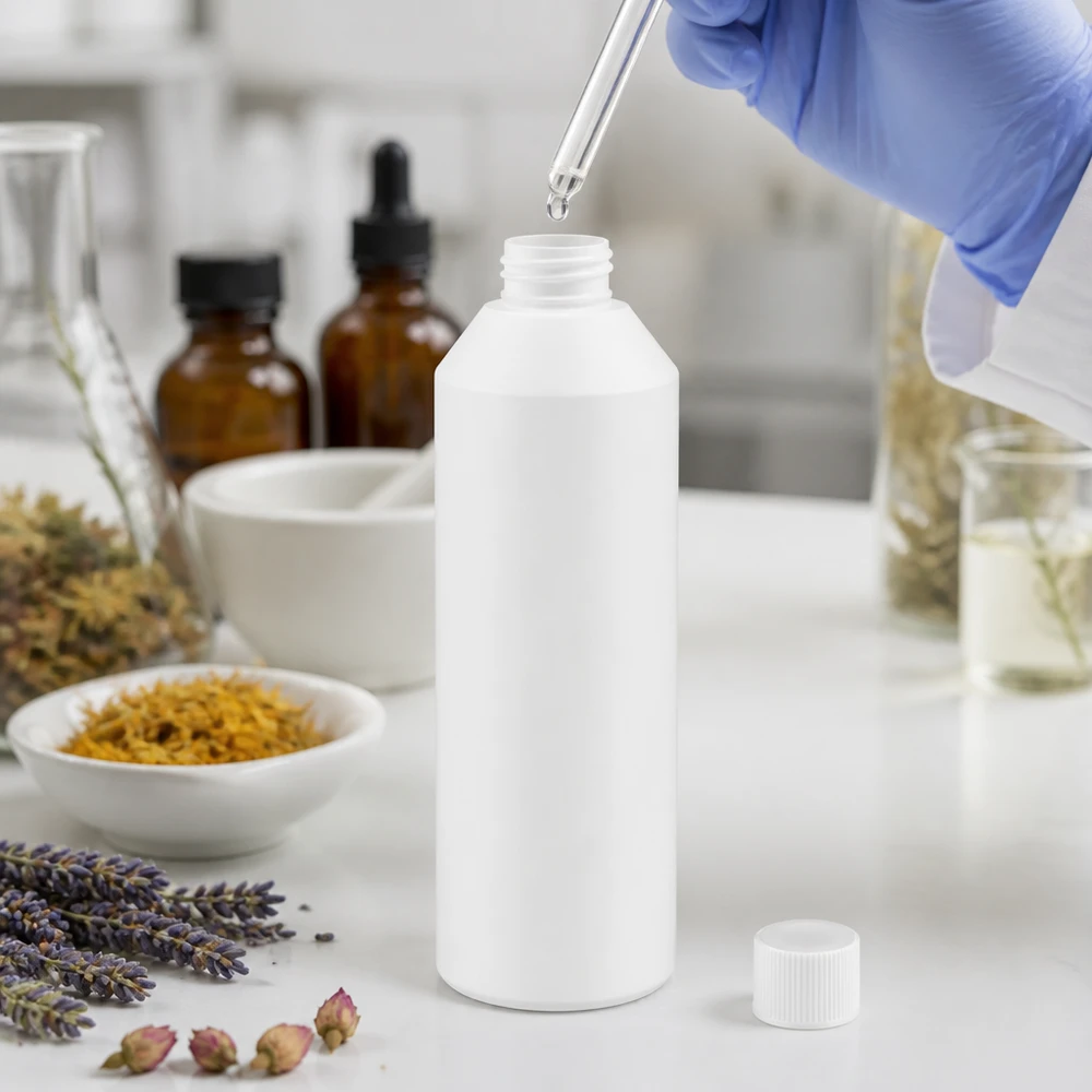 Befüllung weiße HDPE Apothekenflasche 250ml mit Pipette und botanischen Zutaten