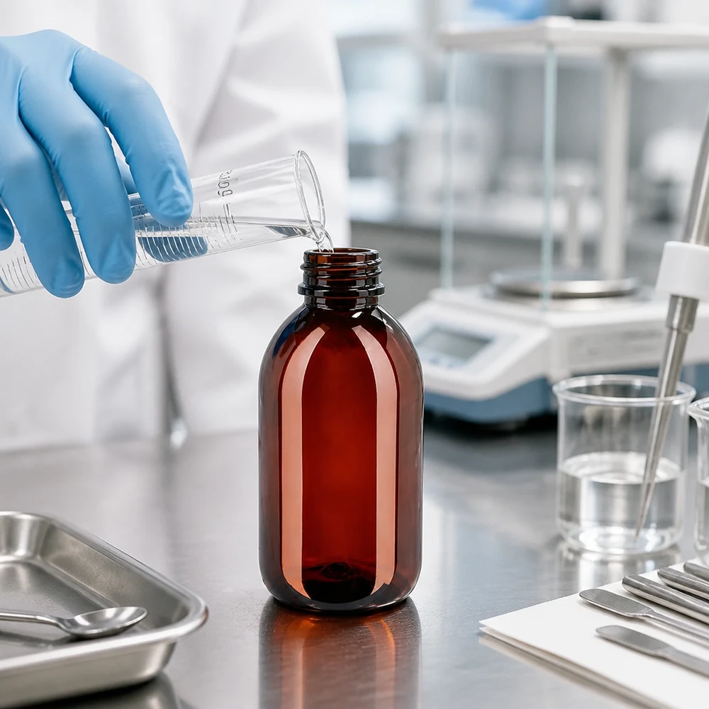 PET Flasche 250ml mit grünem Verschluss Originalitätsverschluss 250ml PET Sirupflasche braun mit Originalitätsverschluss beim professionellen Abfüllprozess im Labor