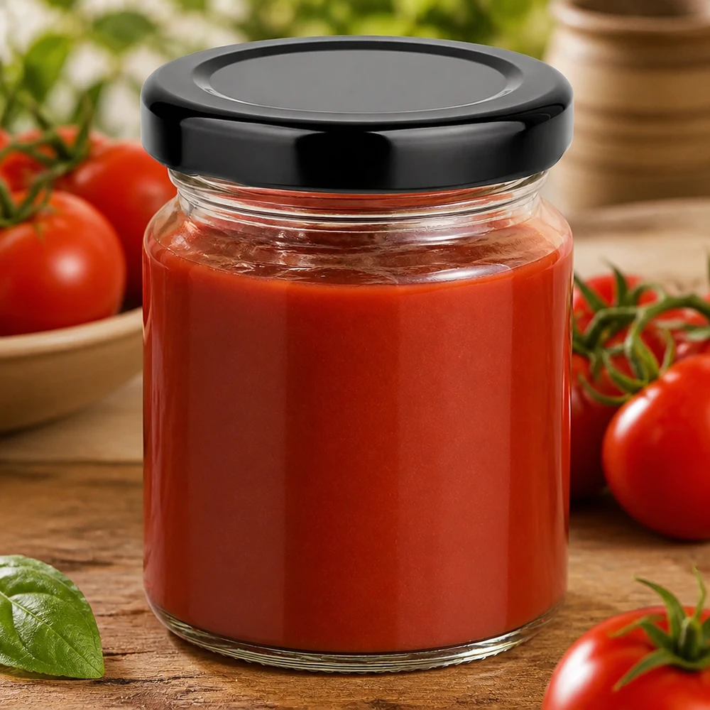 Hausgemachte Tomatensoße abgefüllt in 53ml Rundglas schwarzem Twist-Off Deckel UNiTWIST